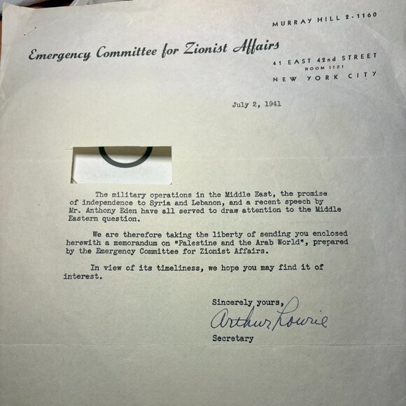Arthur Lowrie Signed Letter 1941 Emergency Committee for Zionist Affairs History - Picture 1 of 1